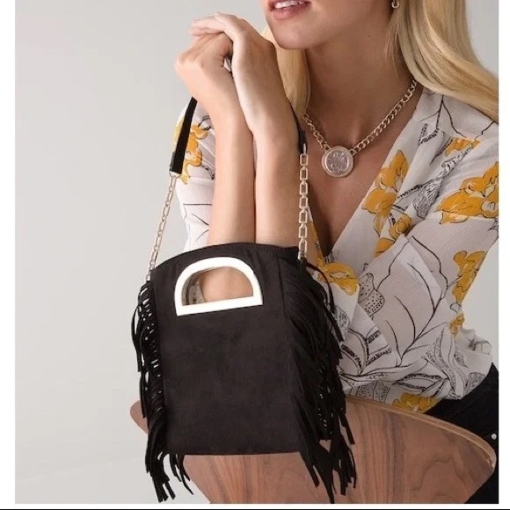 White House Black Market Black Fringe Faux Suede Crossbody Bag Small